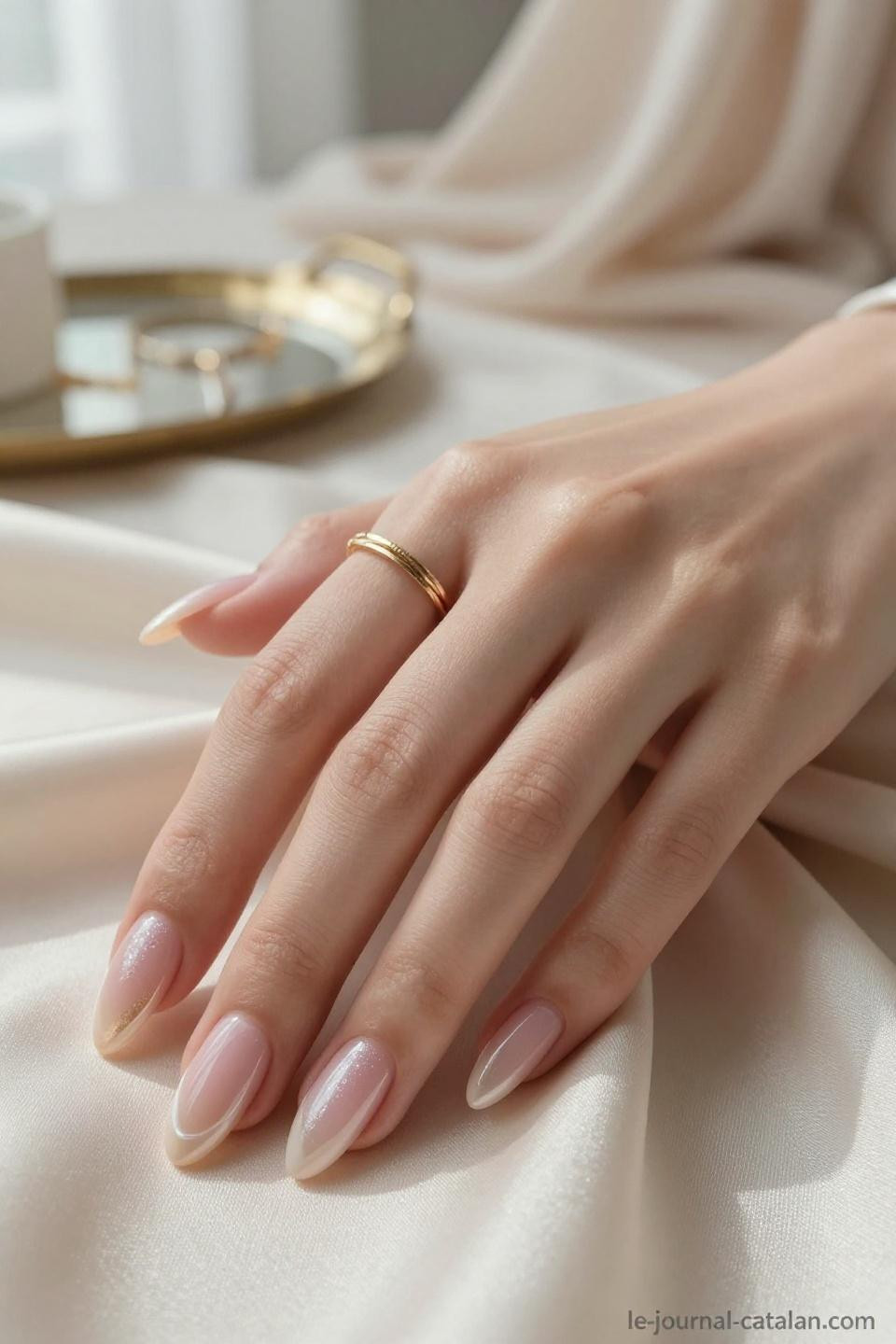 Pretty Almond Nails Classy ballet pink with rose gold geometric lines on porcelain hands