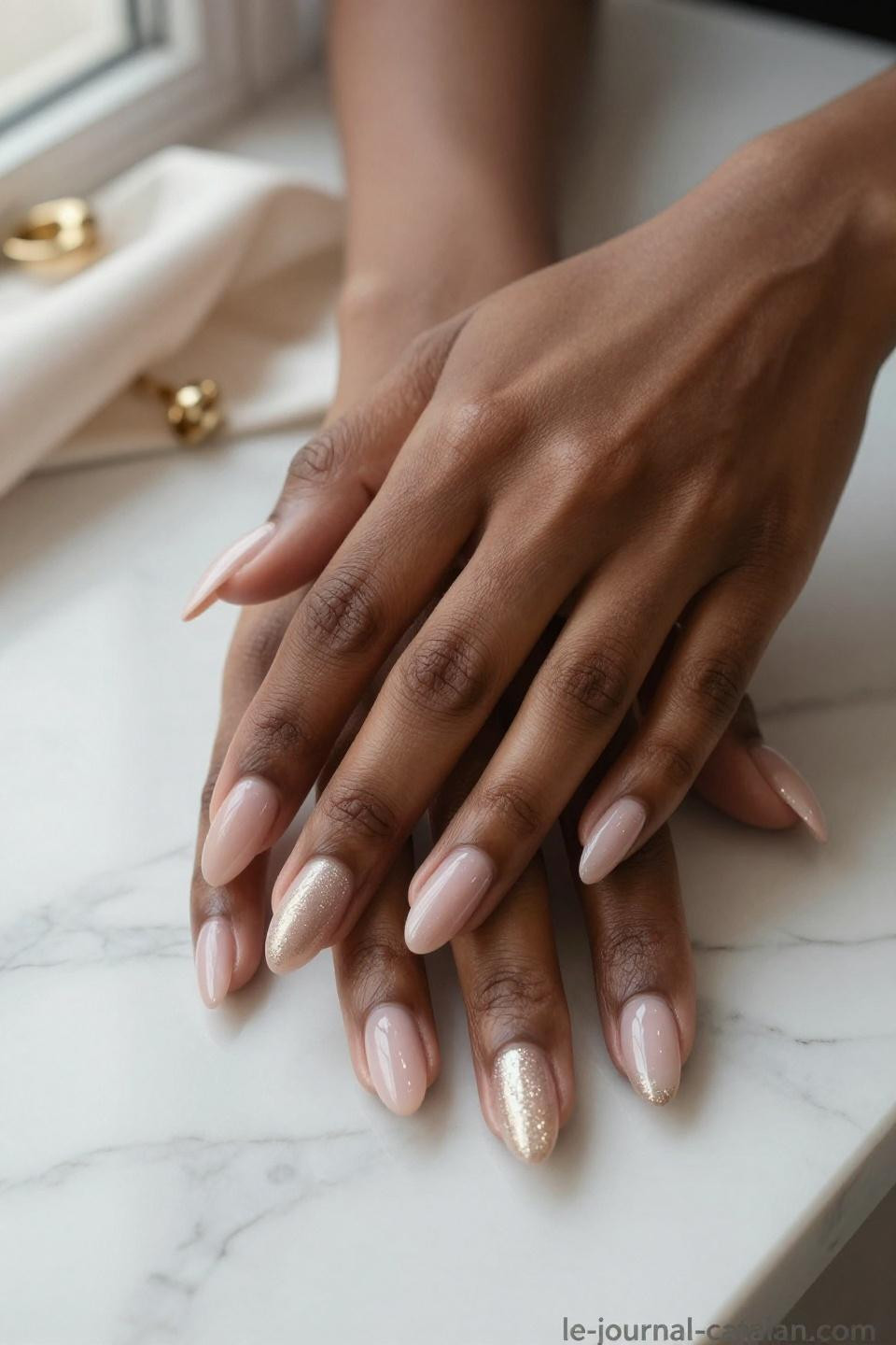 Pretty Almond Nails Classy champagne nude with shimmer accents on rich mahogany skin