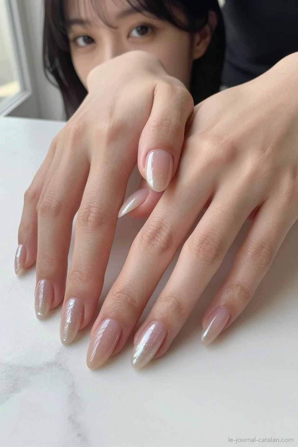 Pretty Almond Nails Classy soft nude rose with pearl shimmer on porcelain skin
