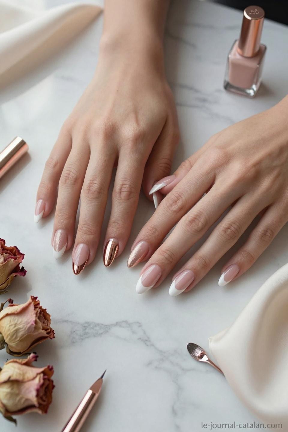 Pretty Almond Nails Classy nude pink with rose gold foil on warm neutral skin