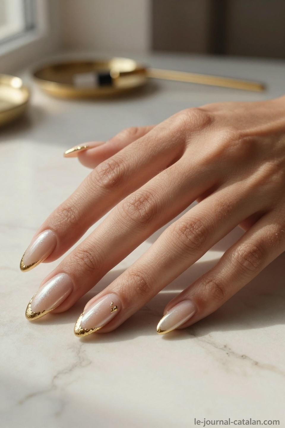 Pretty Almond Nails Classy champagne nude with warm gold French tips on warm olive hands