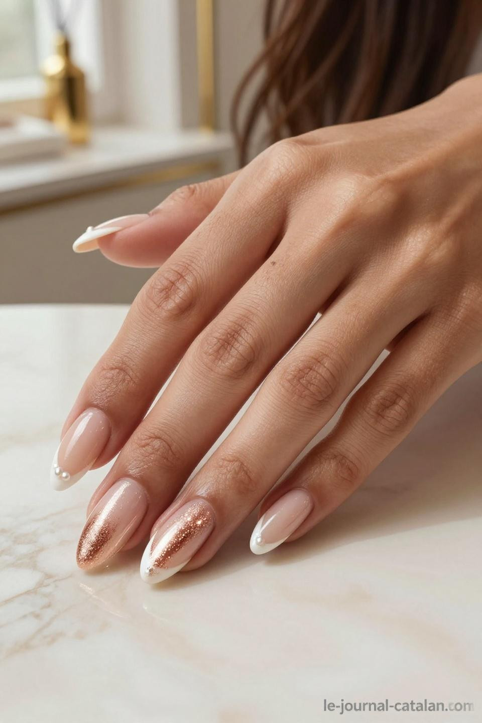 Pretty Almond Nails Classy champagne gradient with rose gold chrome tips on warm golden skin