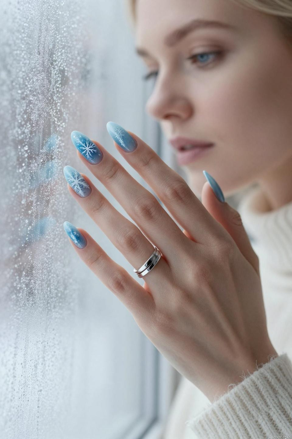 Frosty Blue Nails with silver shimmer accents
