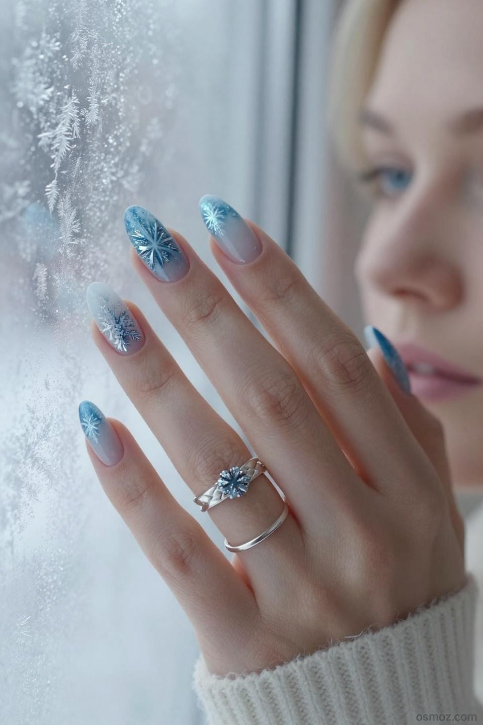 Frosty Blue Nails against frosted window with natural light