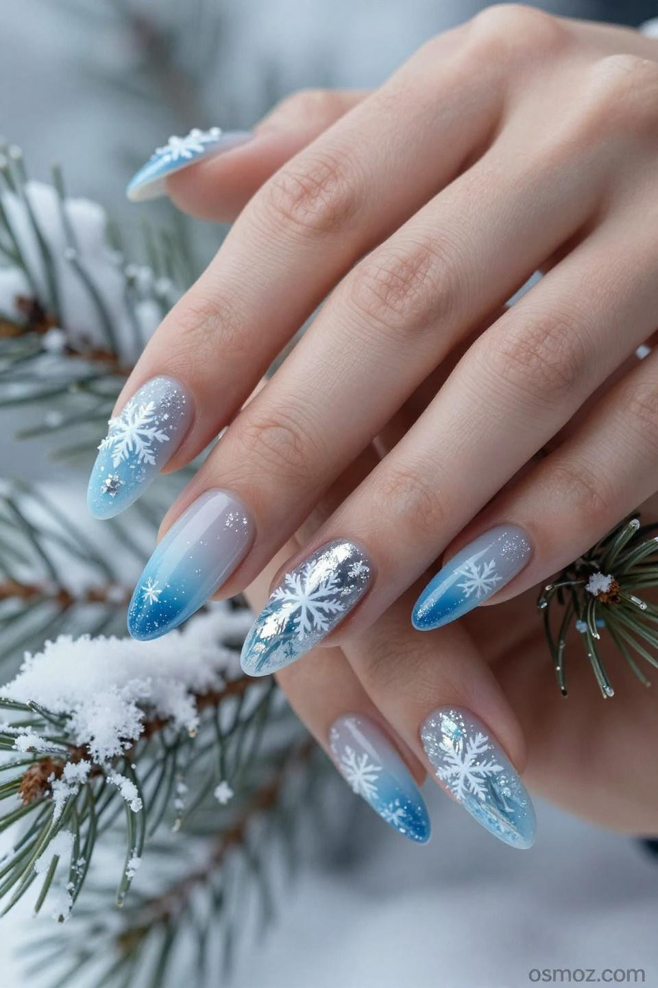 Frosty Blue Nails with crystalline winter patterns