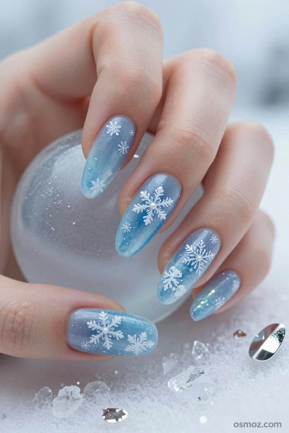 Frosty Nail Designs featuring snow-dusted pine backdrop