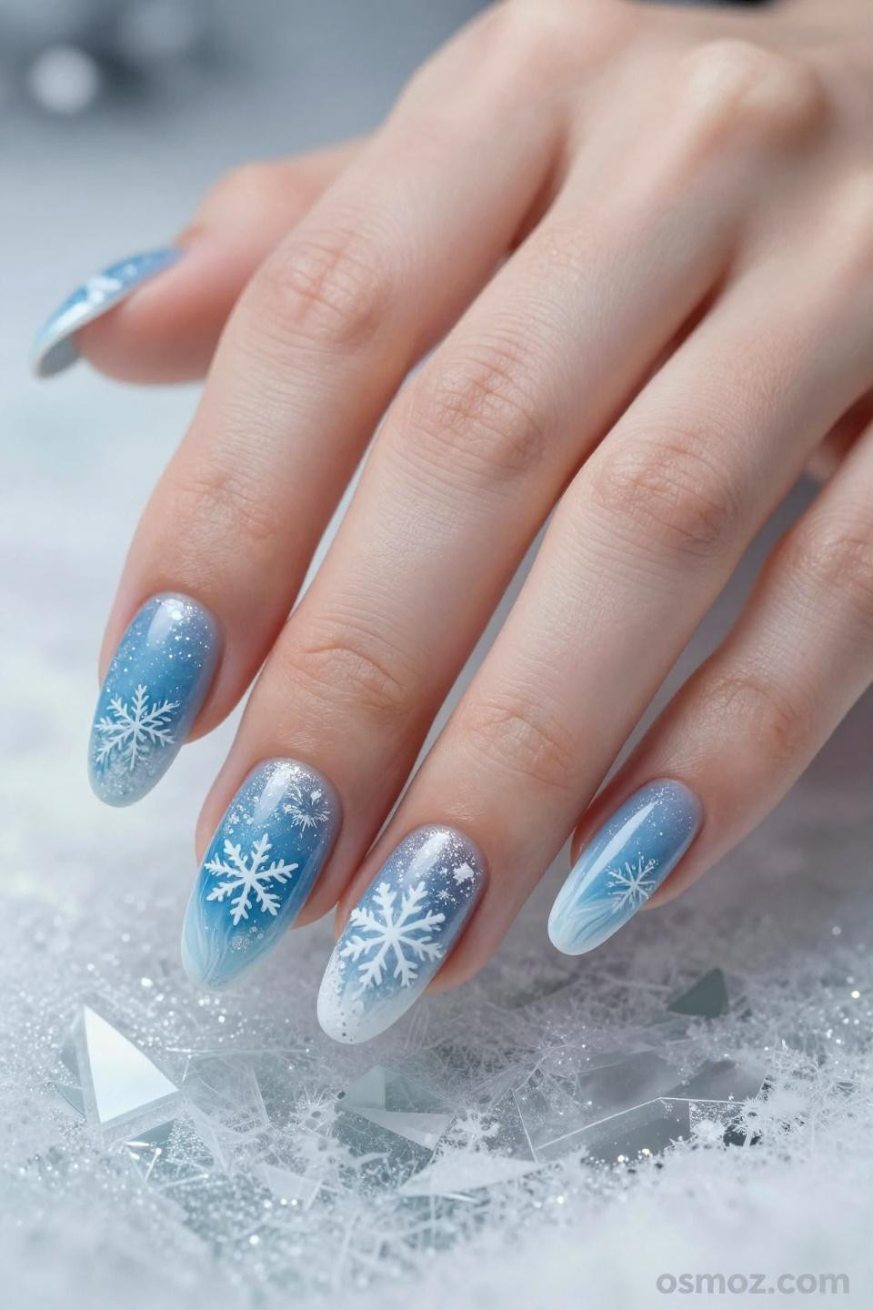 Winter Blue Nail Designs with translucent gradient technique
