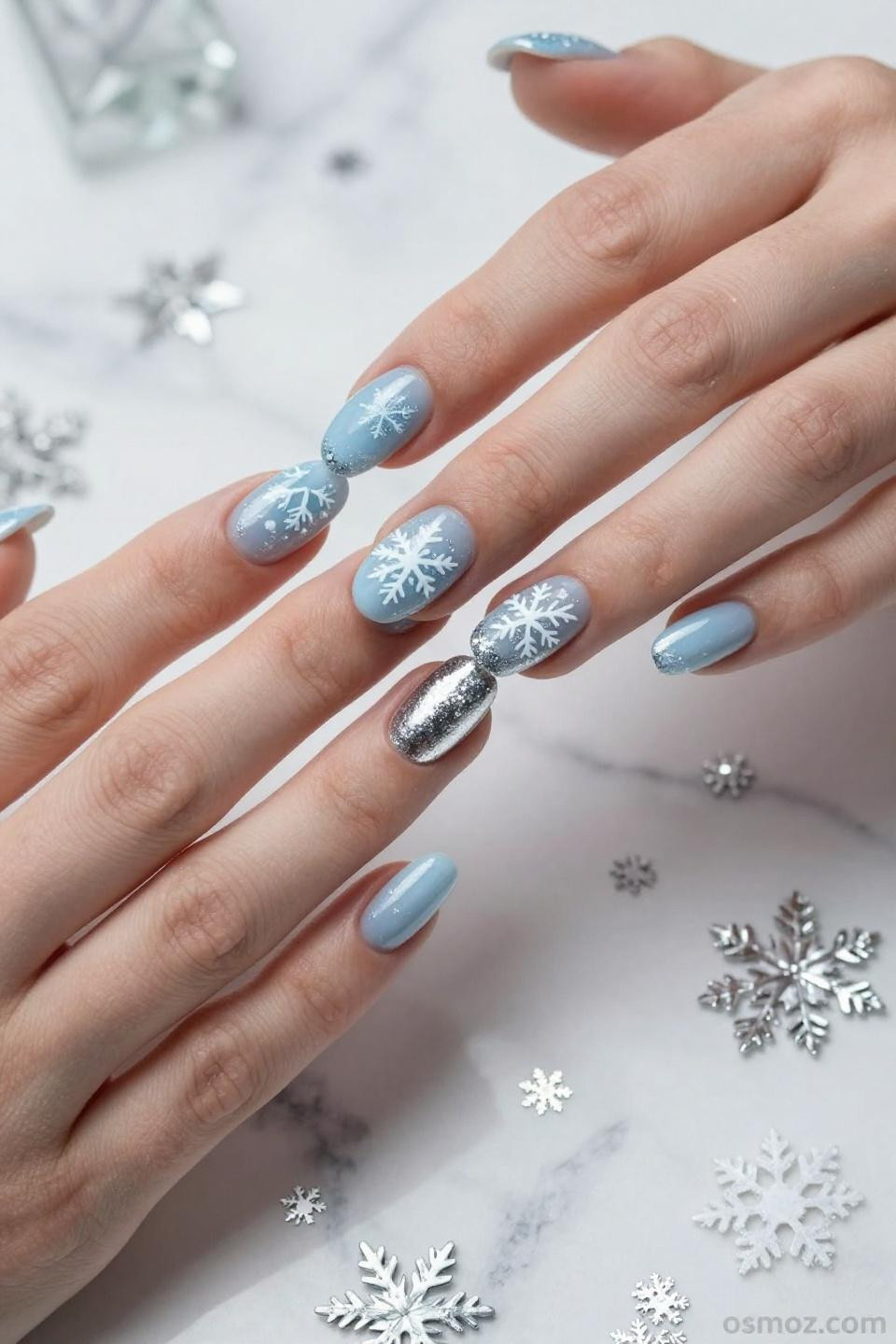 Blue And White Winter Nails with hand painted snowflake details