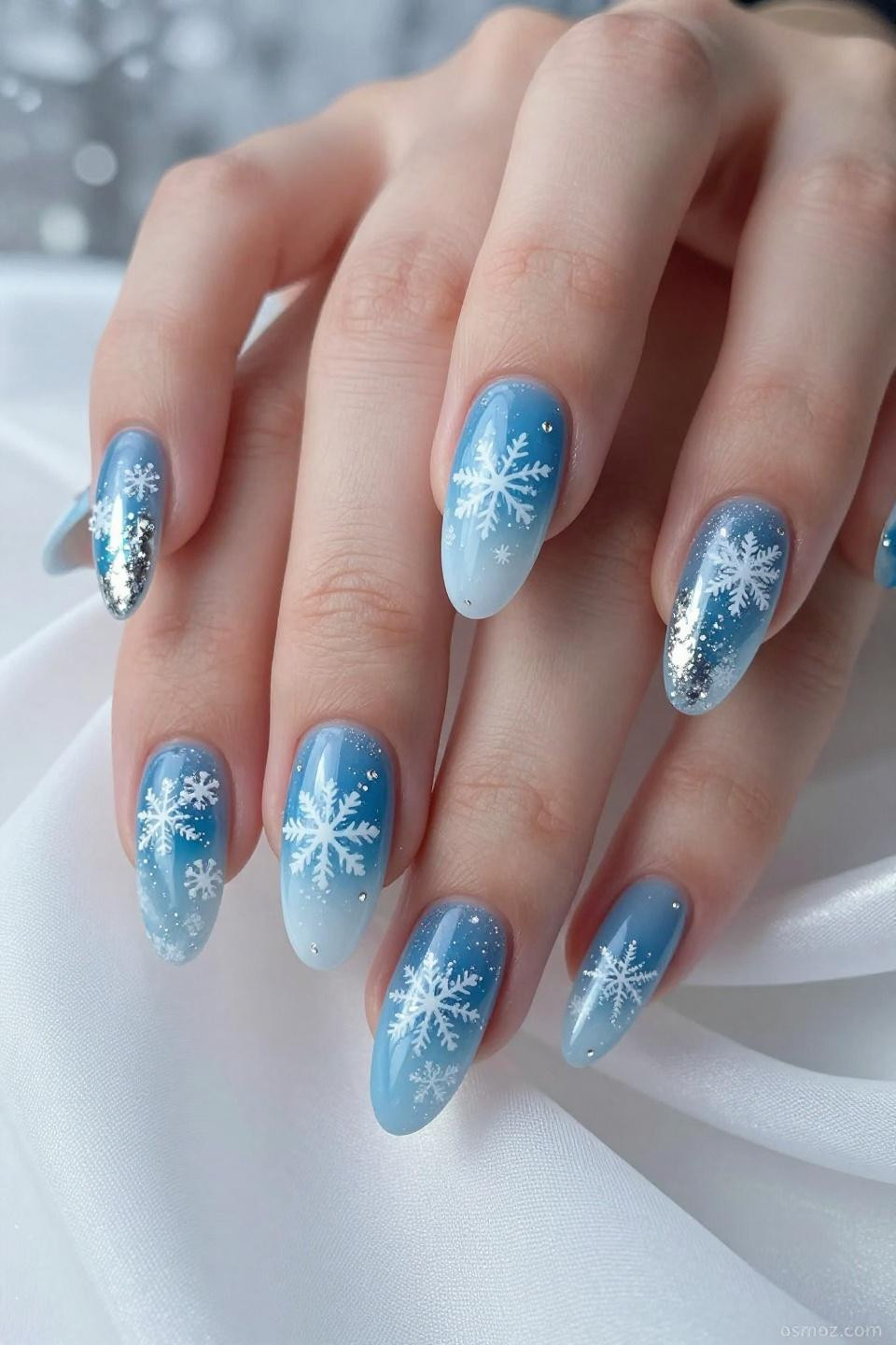 Dusty Blue Nail Ideas with chrome French tips