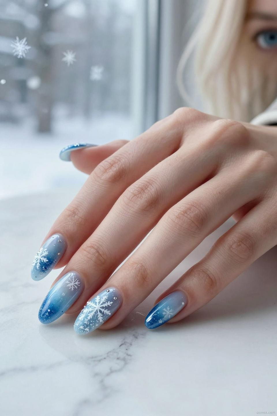 January Blue Nails with winter wonderland artistry