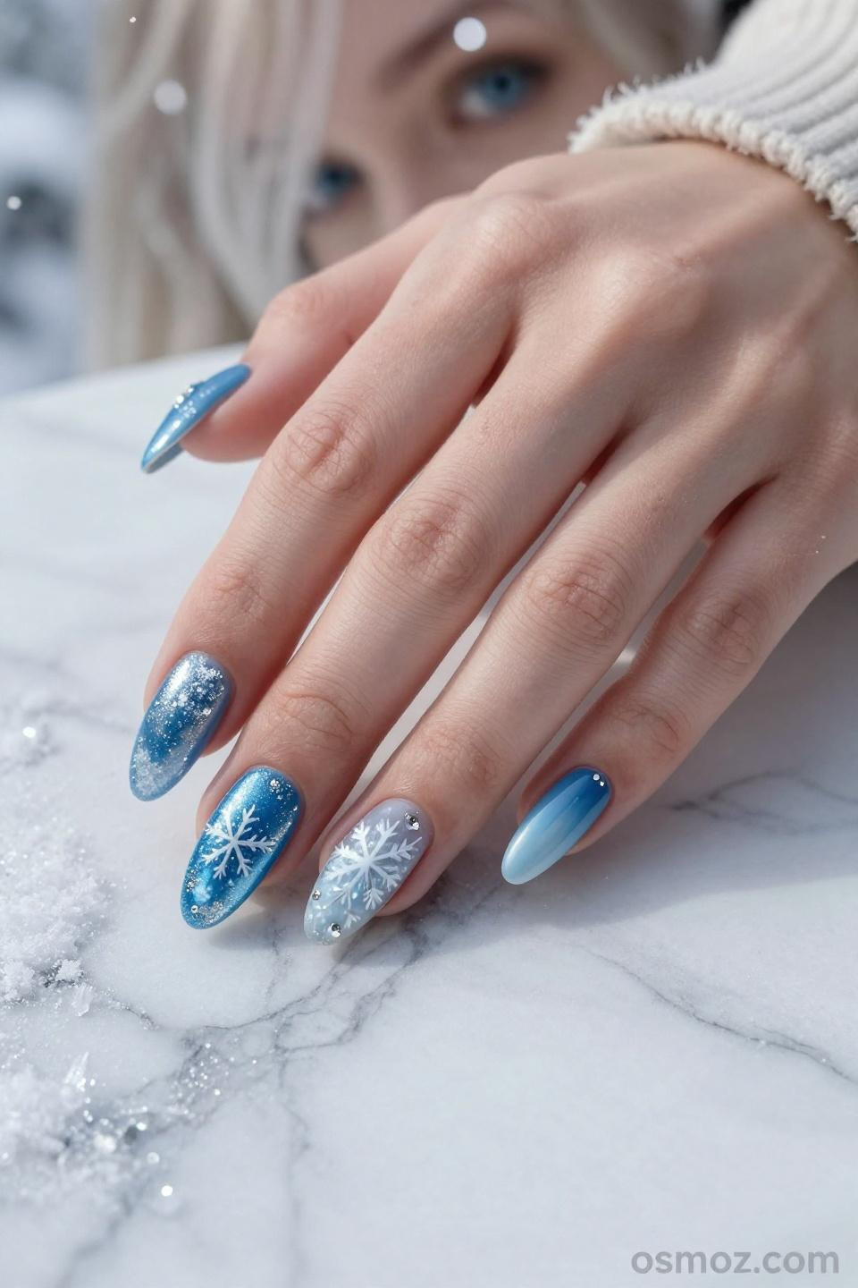 Frosty Blue Nails with mirror gel finish