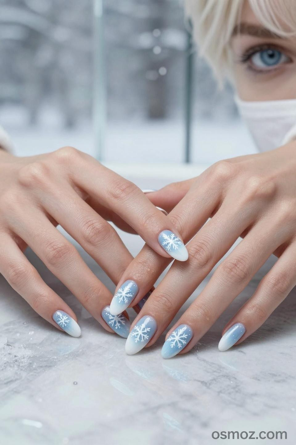Snow Nails Winter Blue with hand painted snowflake designs