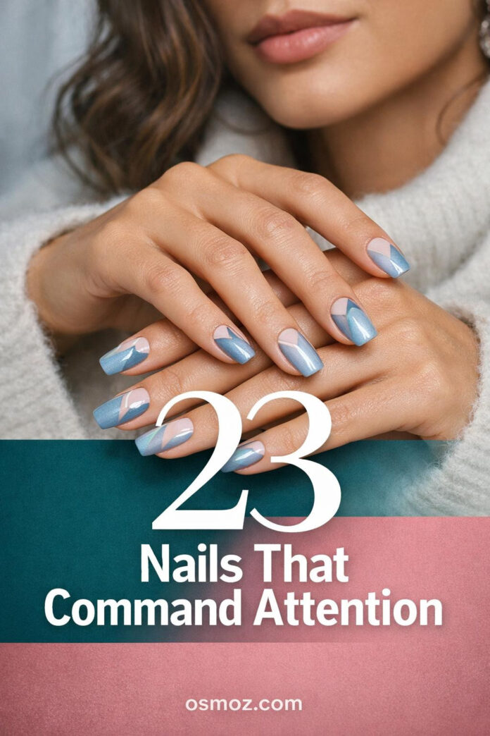 Professional nail photography showcasing sophisticated geometric negative space design with matte shimmer finishes on elegant hands