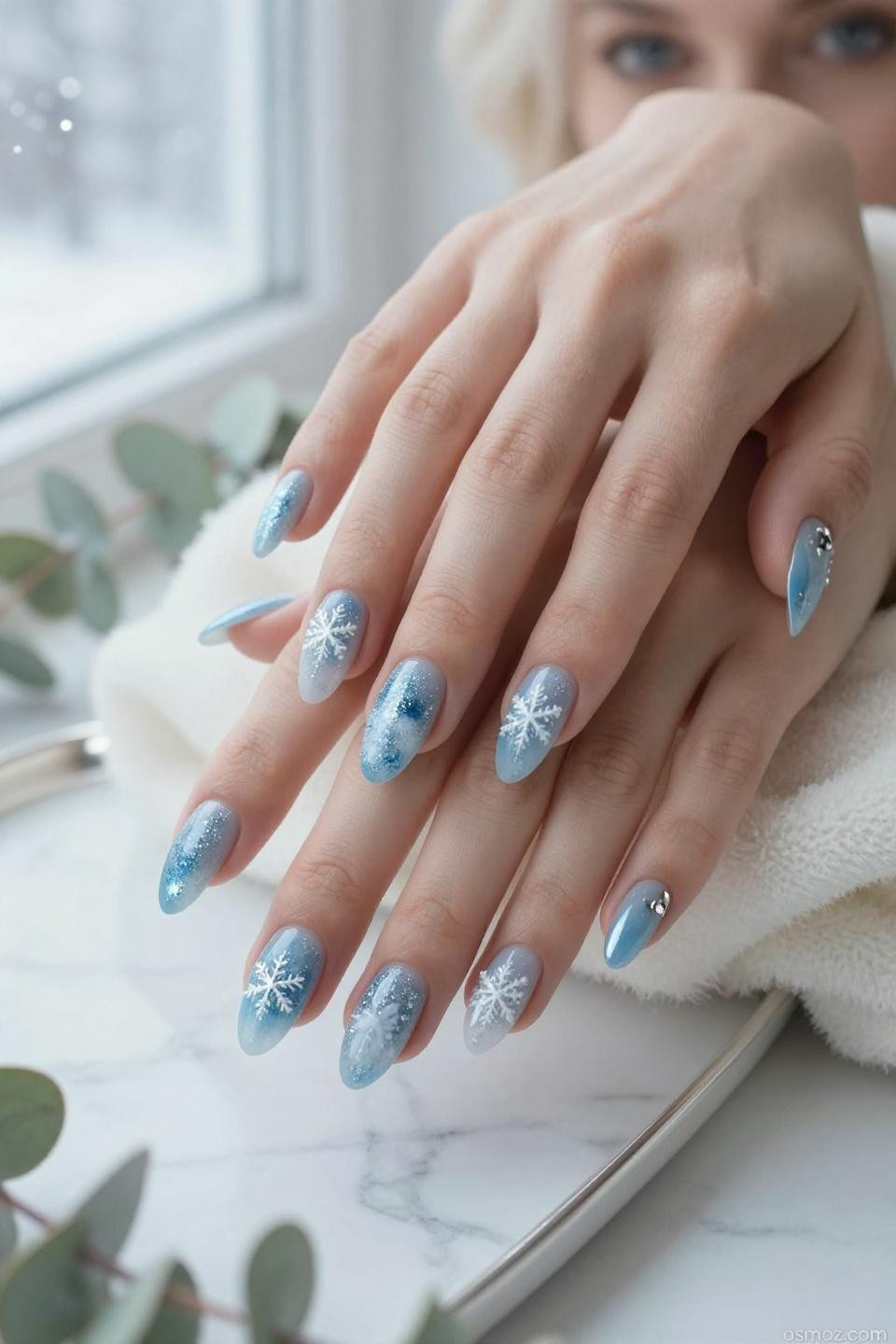Frosty Blue Nails with winter crystalline perfection