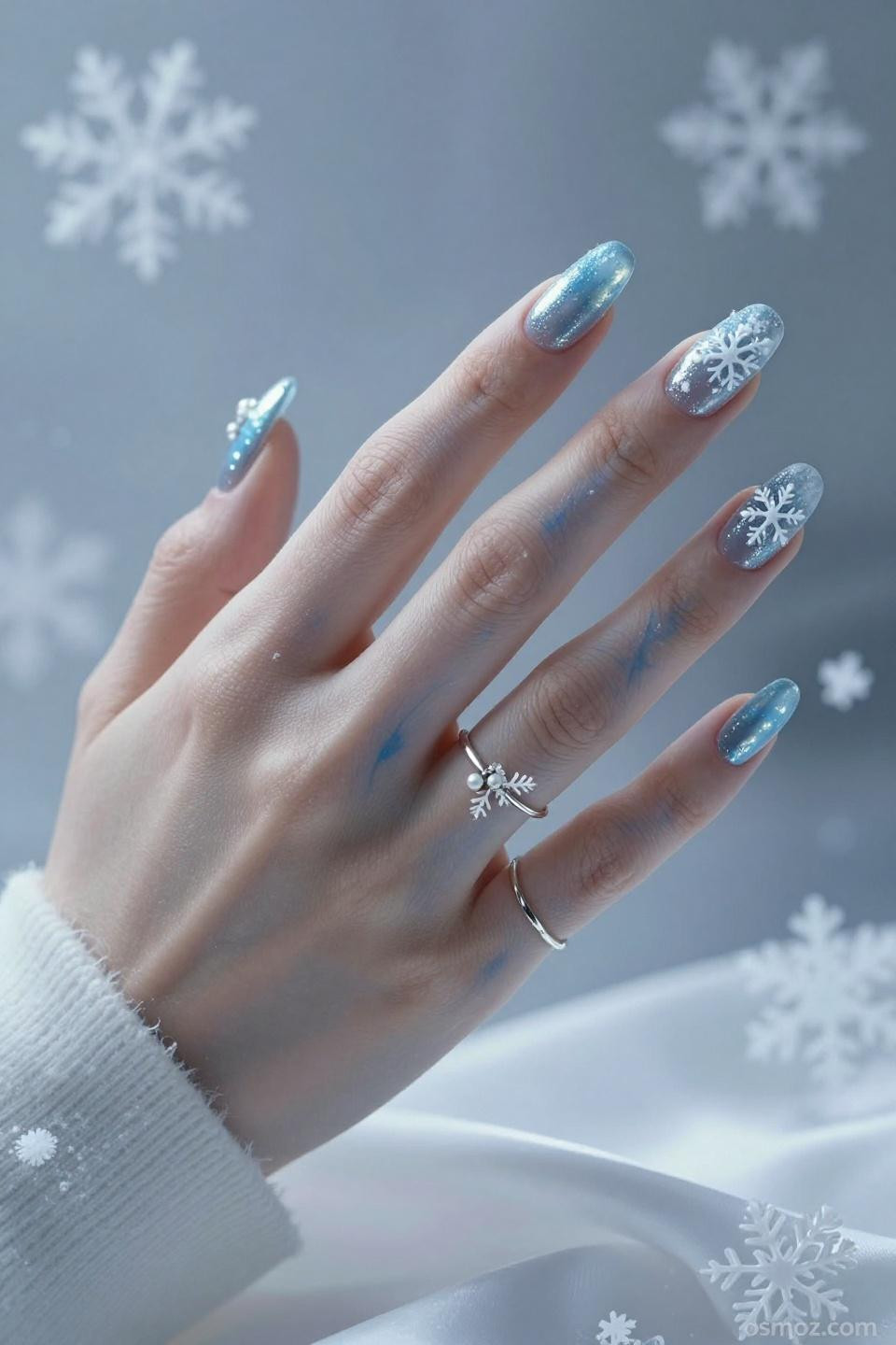 Frosty Blue Nails with chrome frost effects