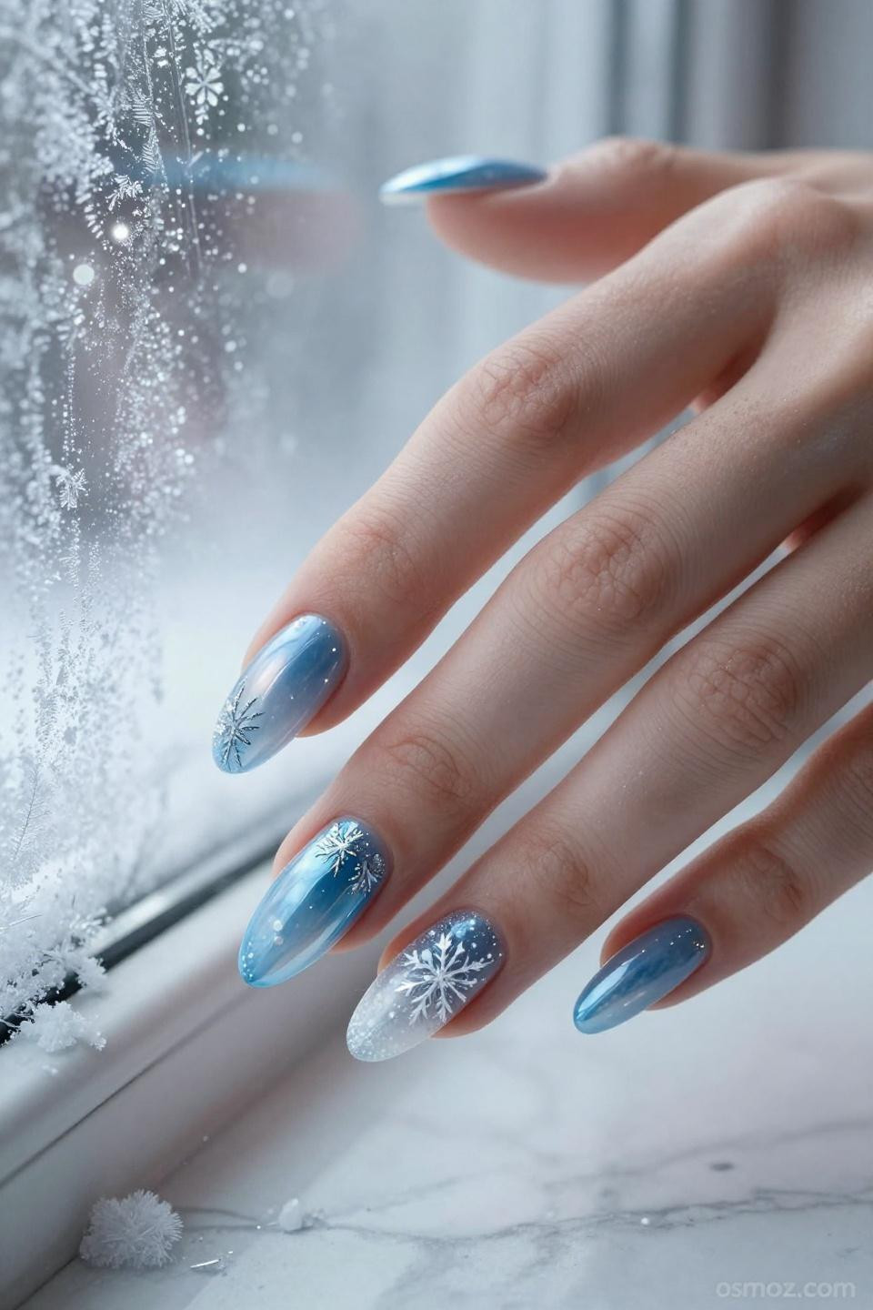 Frosty Blue Nails with holographic winter effects