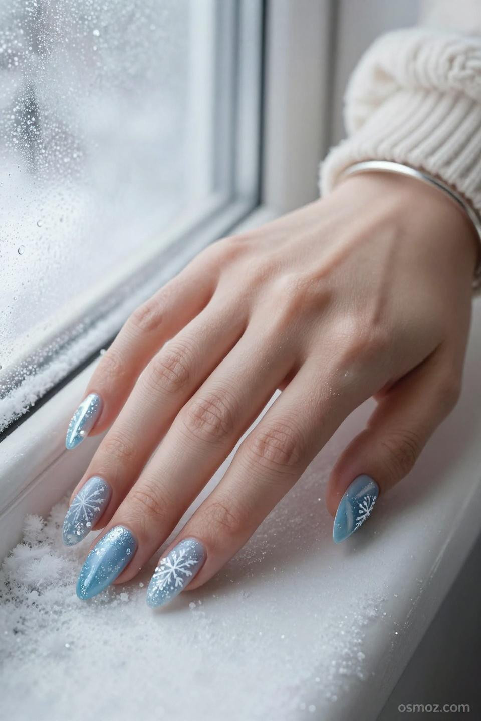Frosty Blue Nails with snow dusted winter aesthetic
