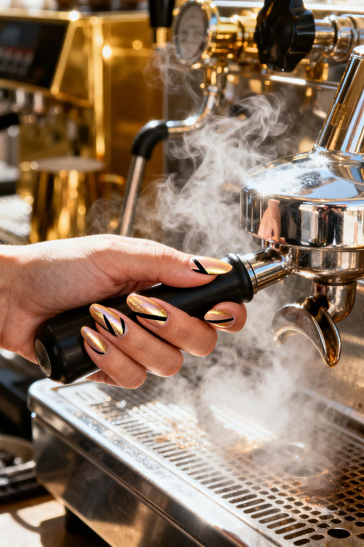 Gold Cat Eye Nails champagne chrome almond