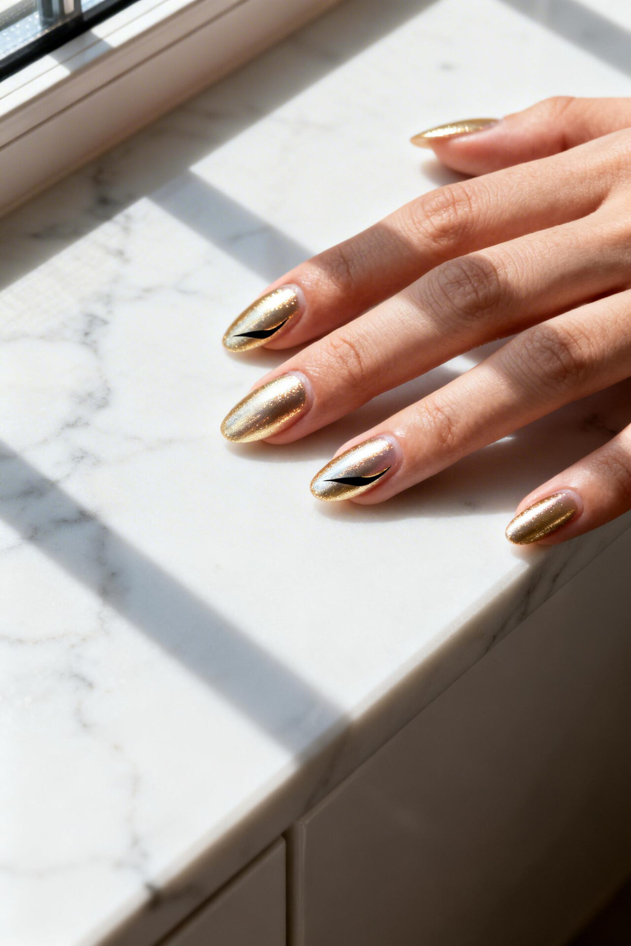 Gold Cat Eye Nails champagne chrome almond finish
