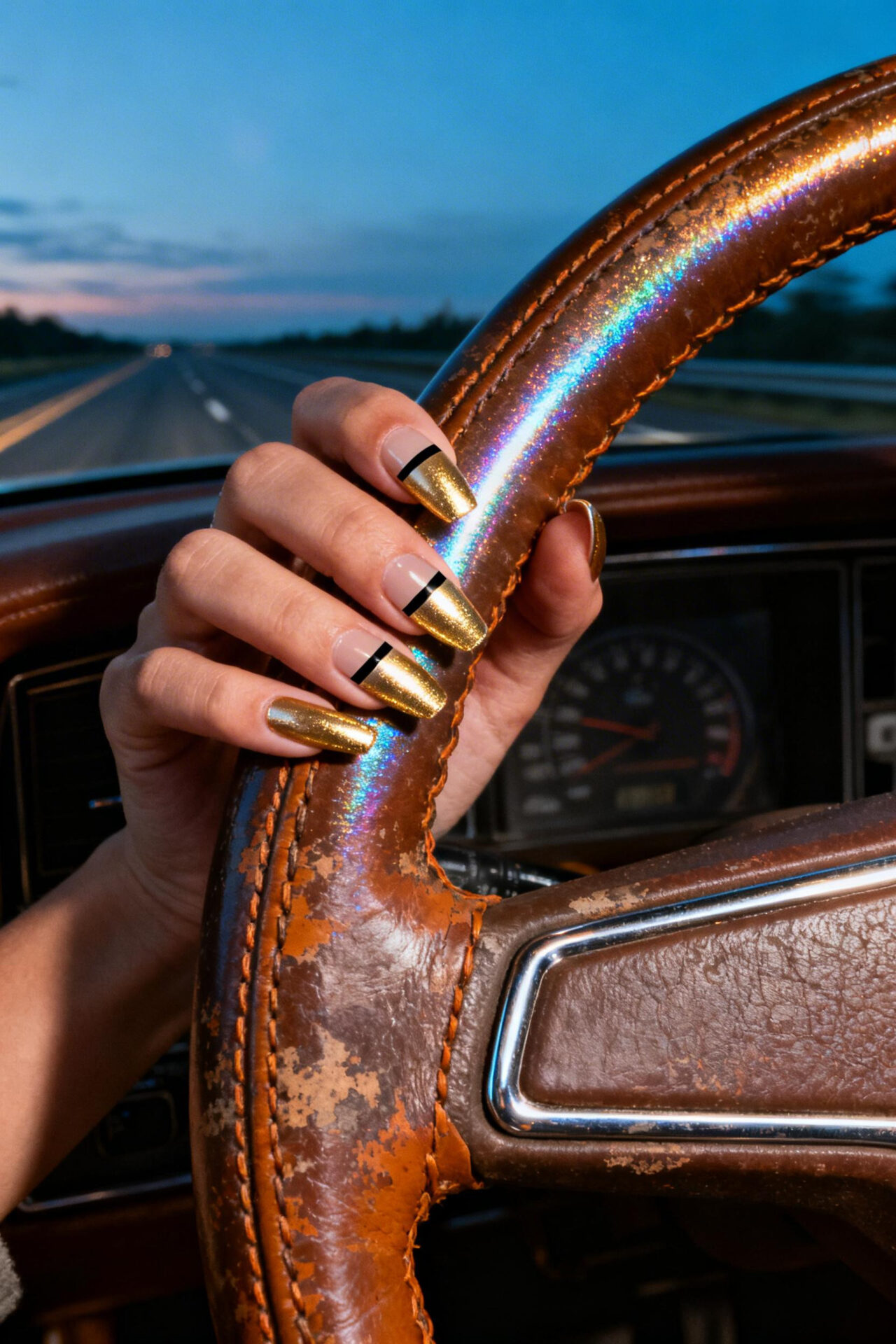 Gold Cat Eye Nails champagne chrome coffin style