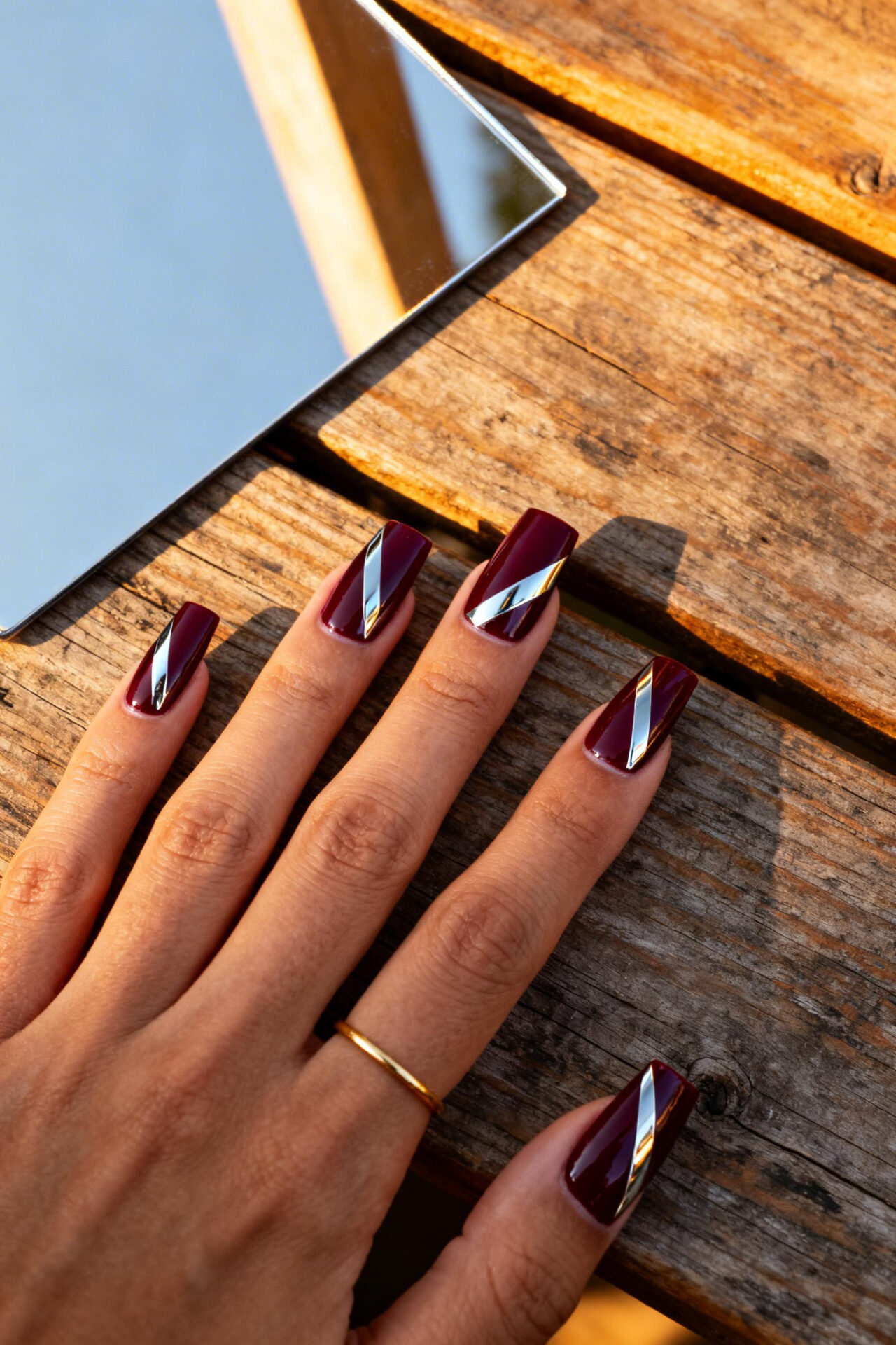 Cats Eye Nails Design Ideas - burgundy chrome square