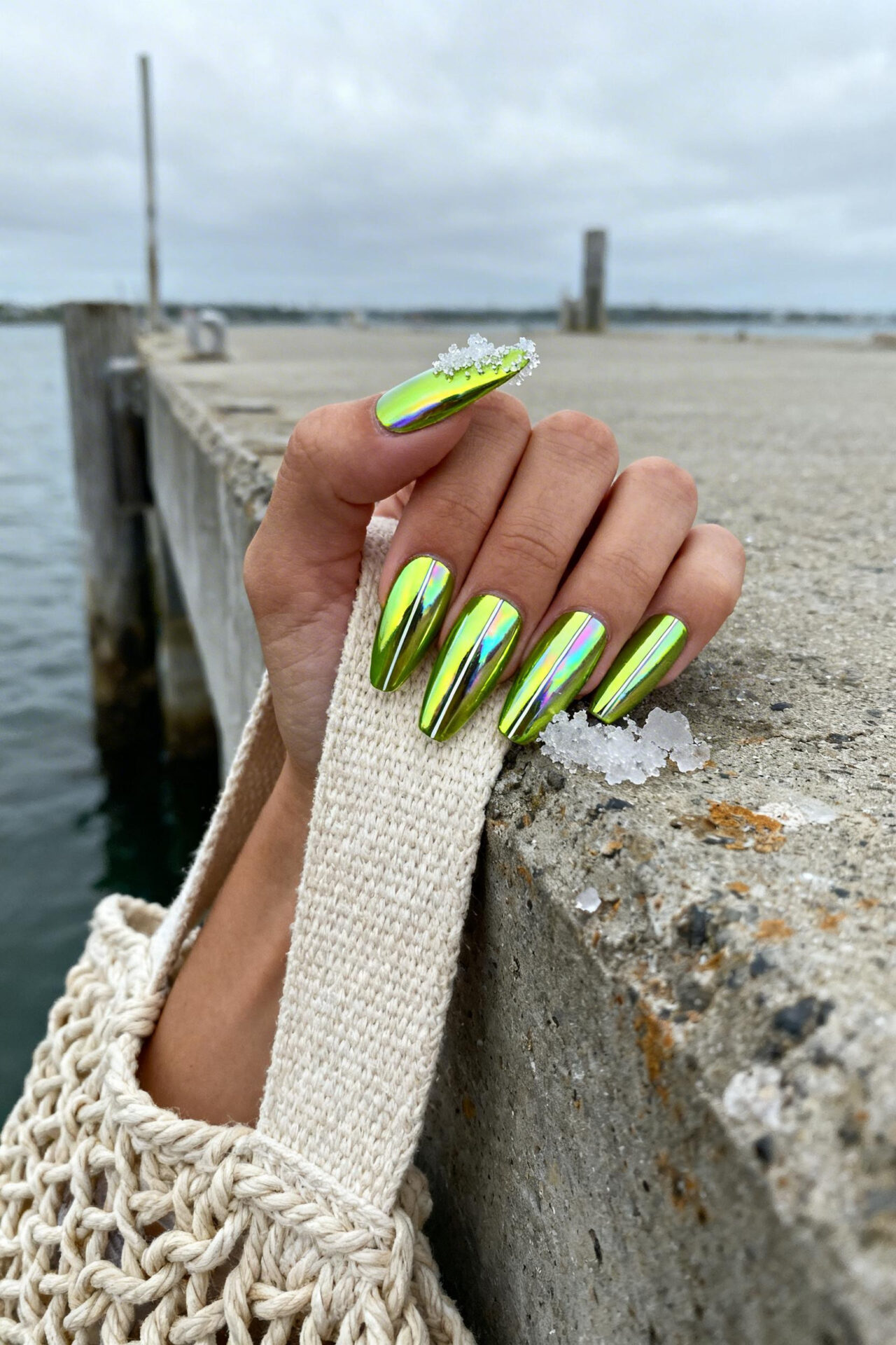 Green Glass Nails - chartreuse chrome coffin