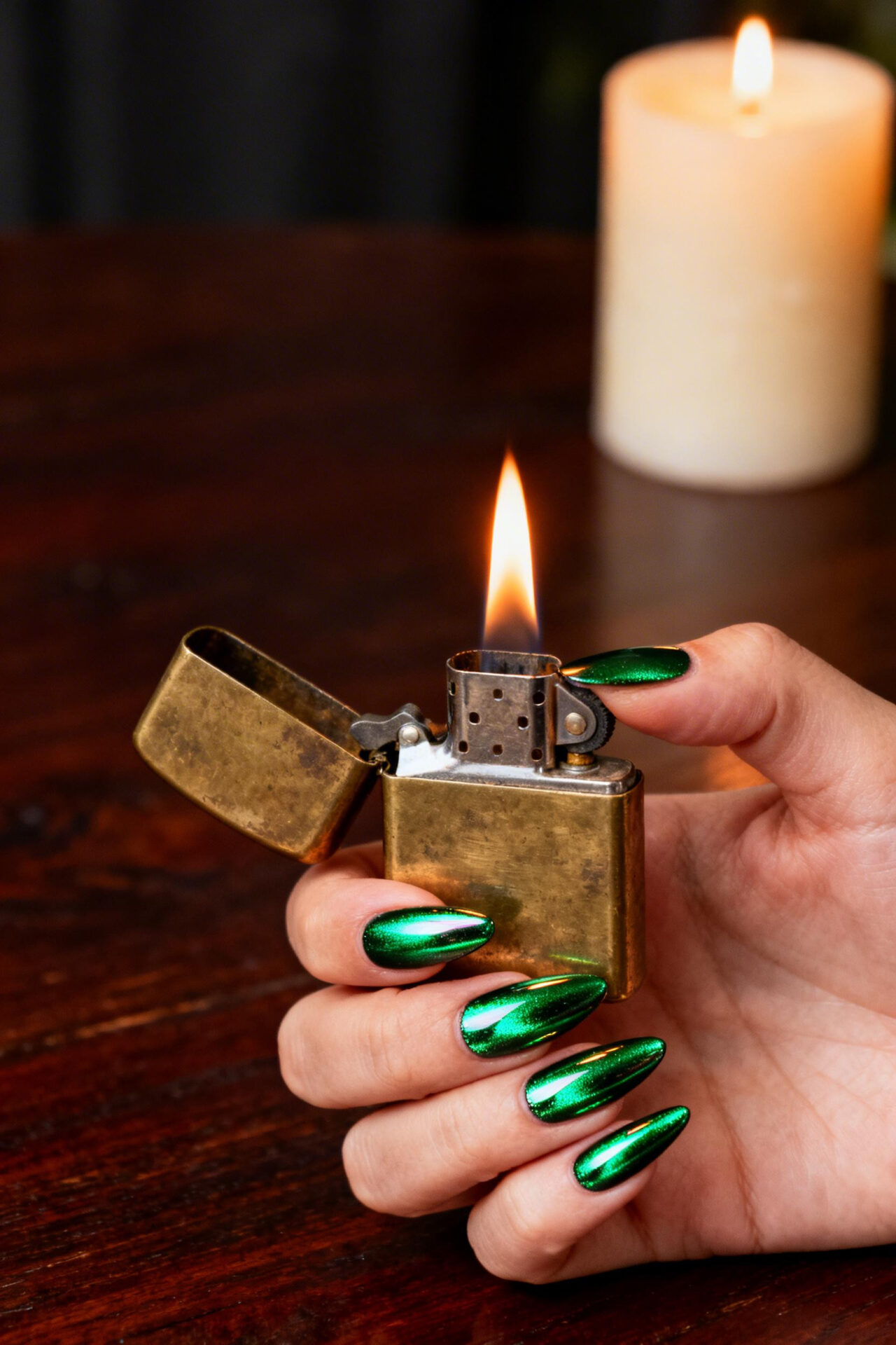 Cat Eye Effect Nails - emerald chrome almond