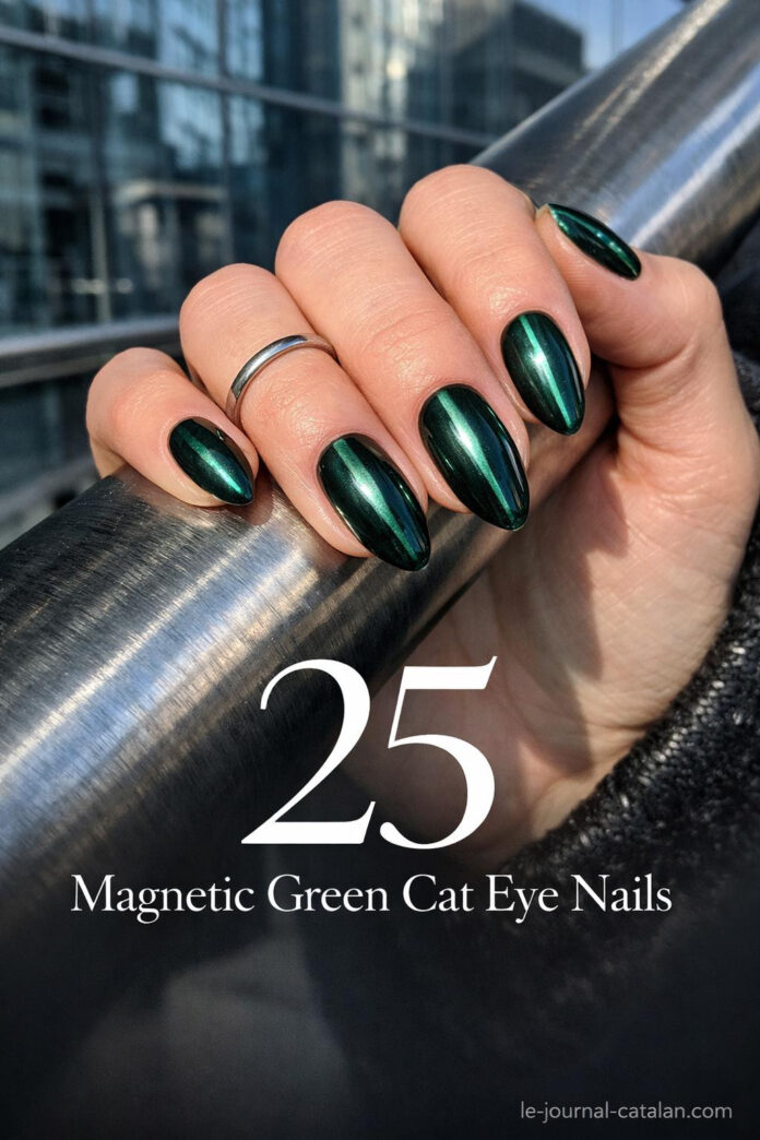 Blue cat eye nails with magnetic polish effect creating a sleek linear stripe pattern across emerald green acrylic nail tips