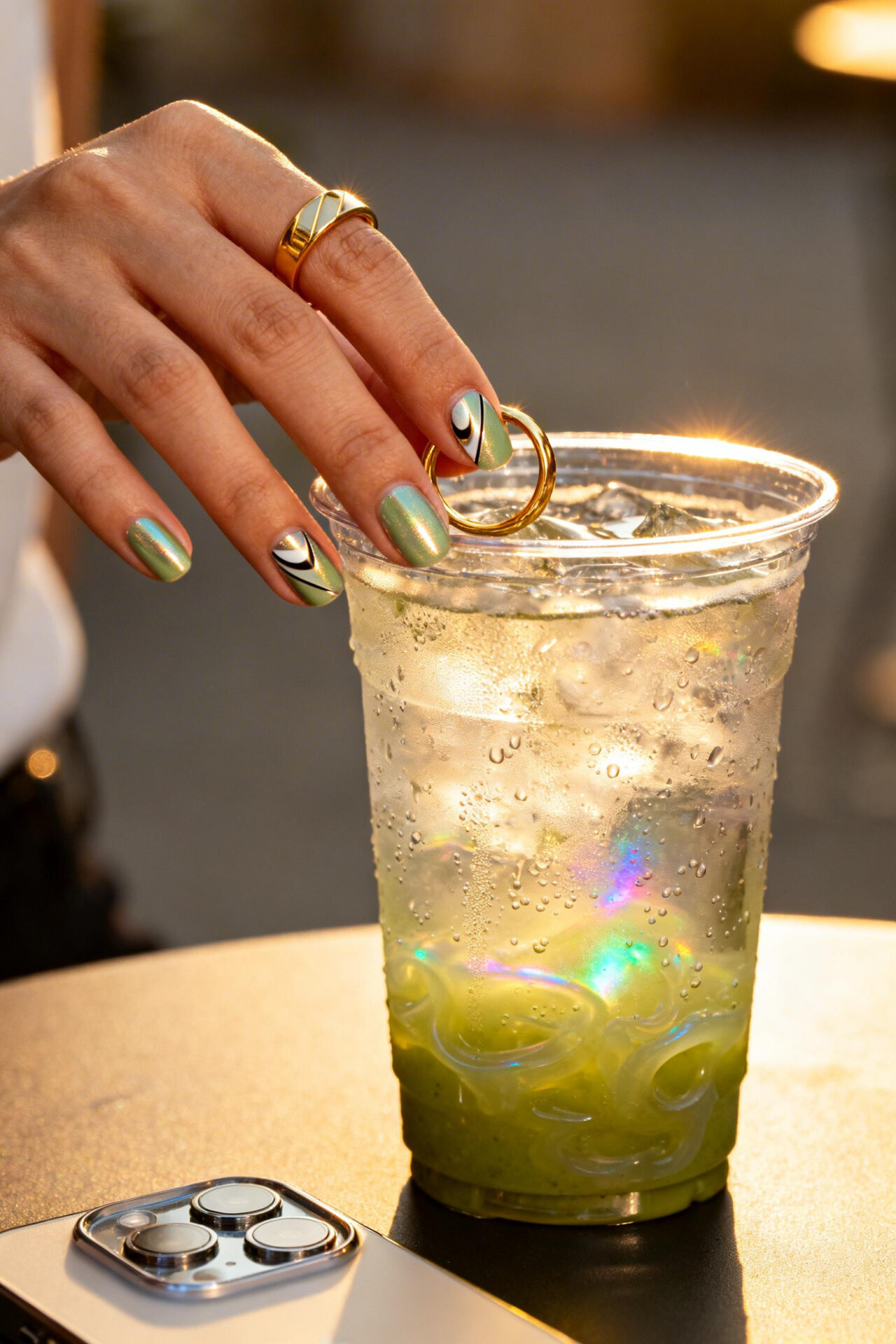 Cat Eye French Tip Nails - pistachio chrome