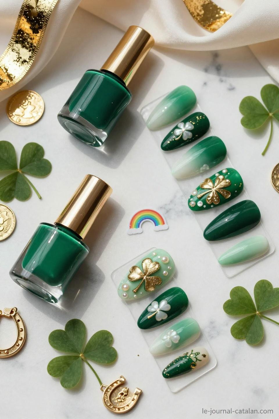 festive emerald nails with seamless ombre gradient from dark to mint green