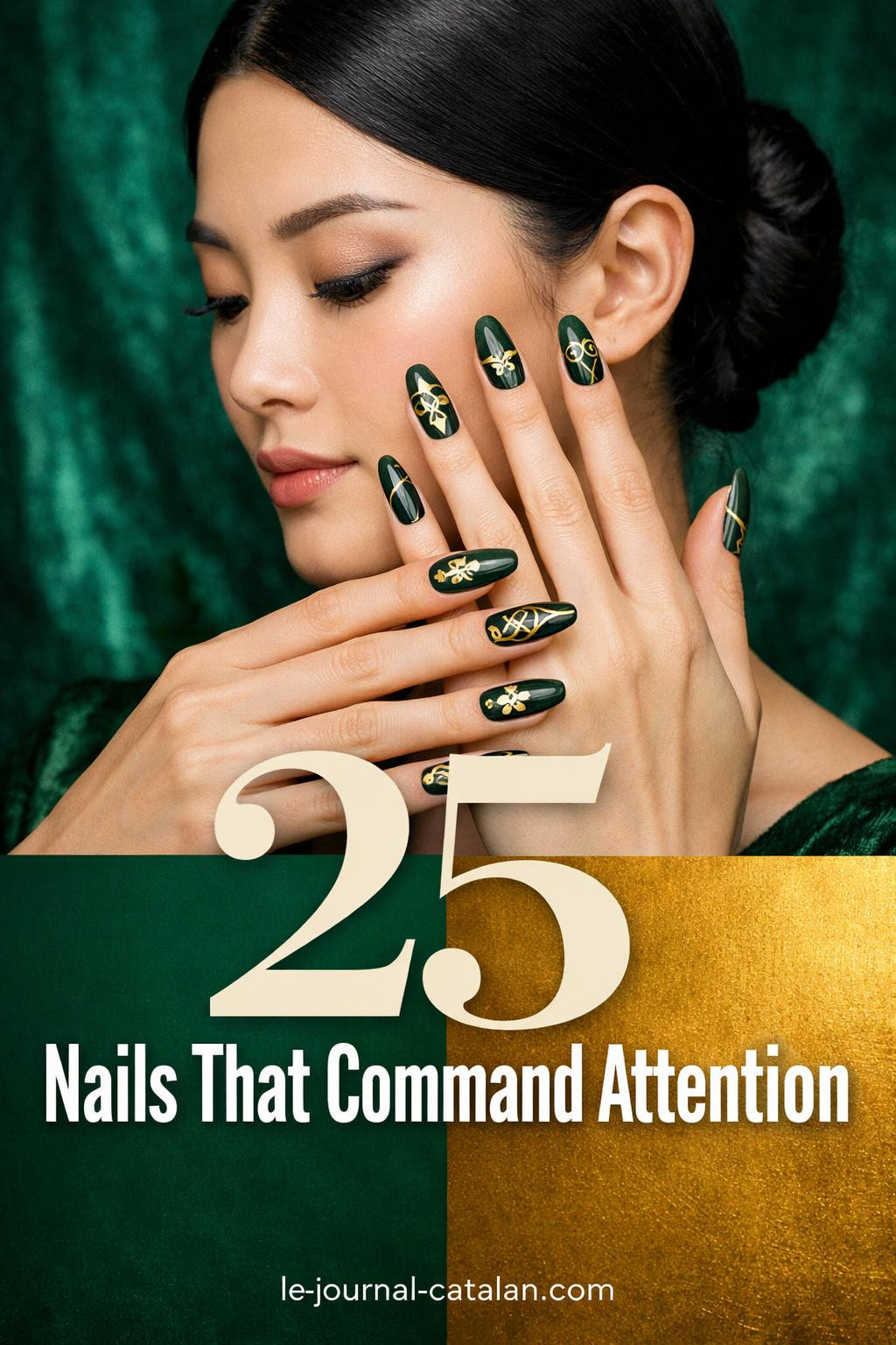 Luxurious forest green manicure with gold shamrock negative space art, Celtic-inspired geometric patterns on almond nails