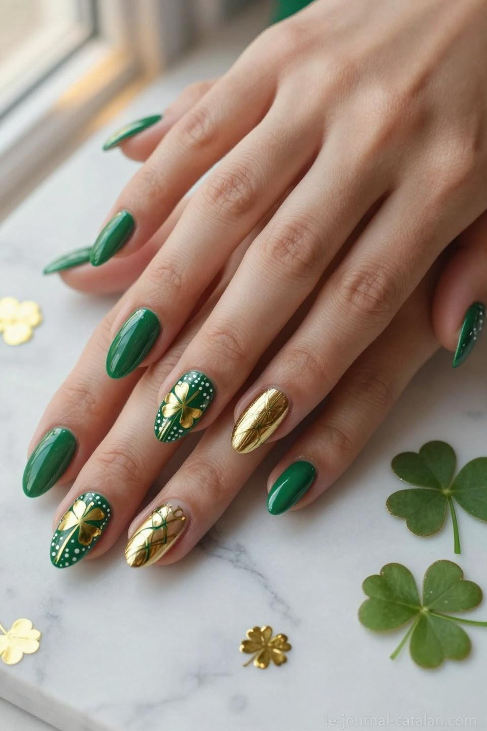 St Patricks Nails Ideas featuring mixed media techniques with foil and stamping