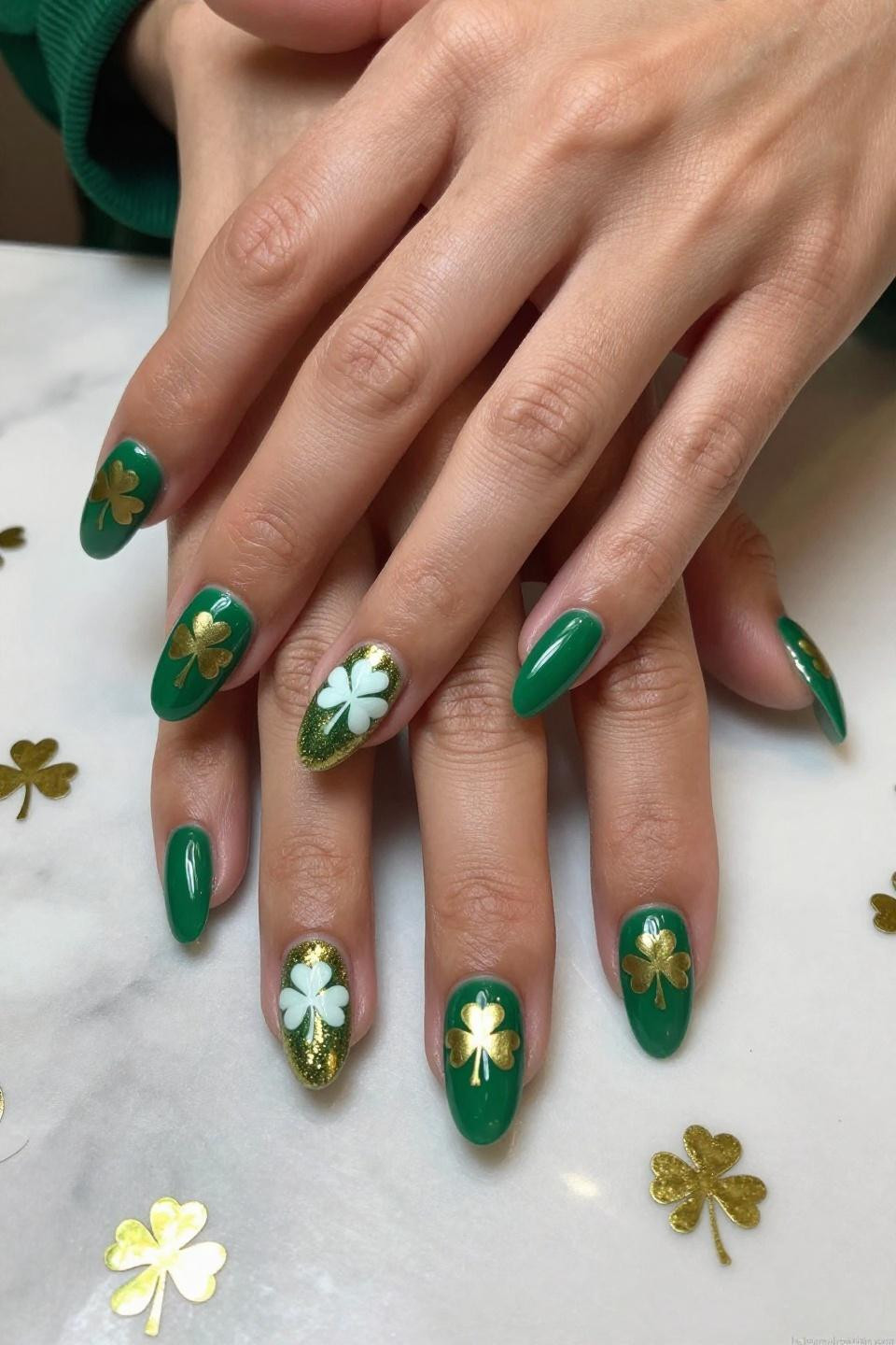 St Patricks Day Nails Design Simple featuring clean emerald with gold stripe accent