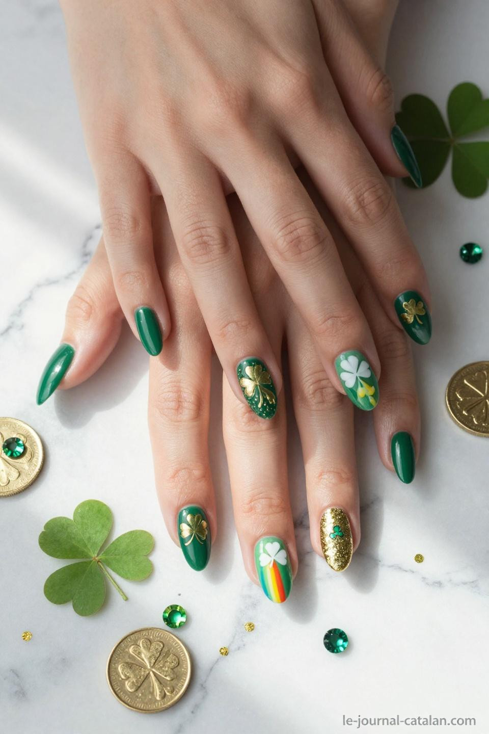 St Patrick Day Nails Acrylic featuring dimensional shamrock sculptures