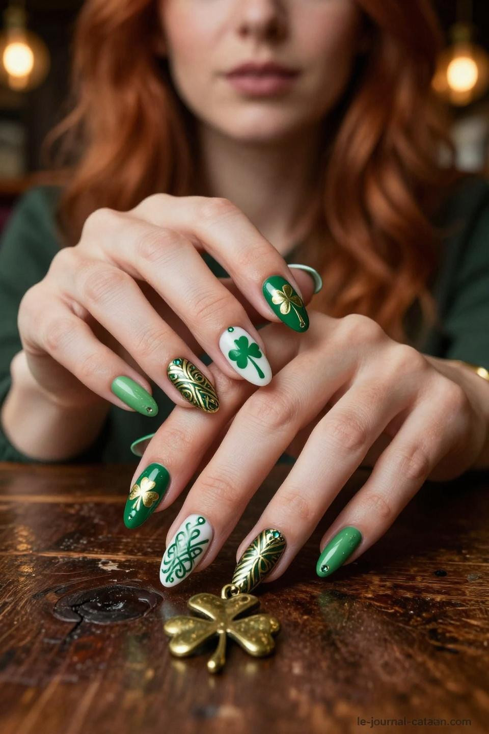 Green St Patricks Day Nails featuring rainbow gradient details with emerald base