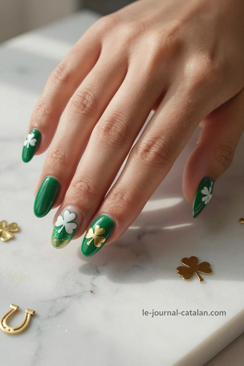 Saint Patrick Day Nails showcasing hand-painted four-leaf clover designs