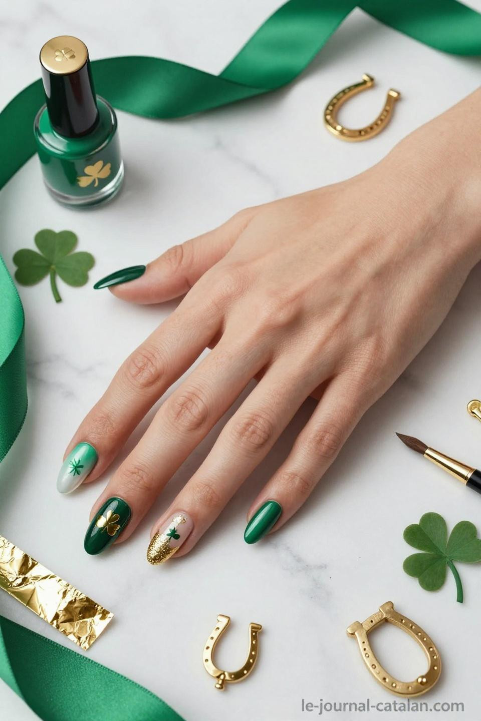 lucky charm nails featuring gold horseshoes and shamrock embellishments