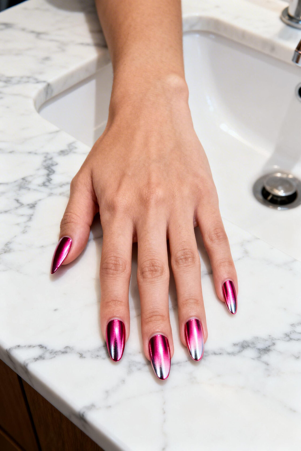 Hot Pink Cat Eye Coffin Nails chrome