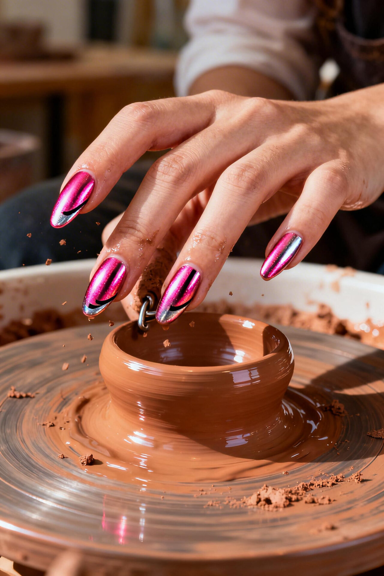Hot Pink Cat Eye Nails almond chrome
