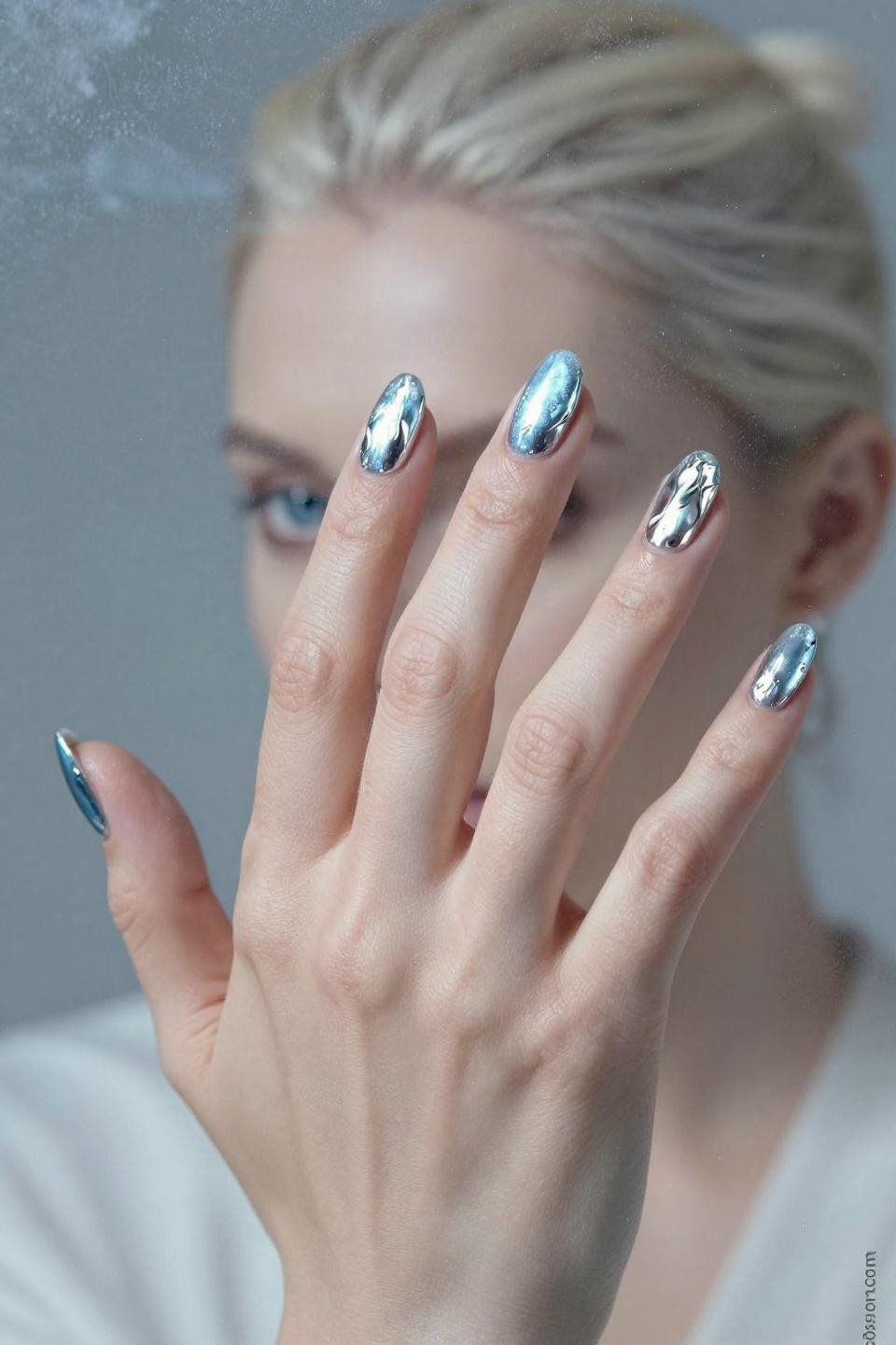 pastel blue chrome nails with soft mirror finish