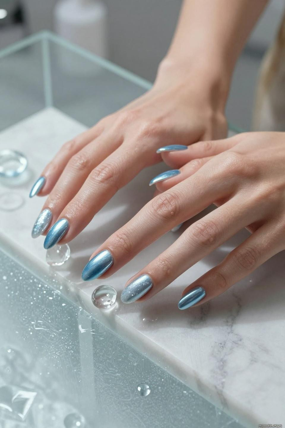 electric blue chrome nails with vibrant mirror finish