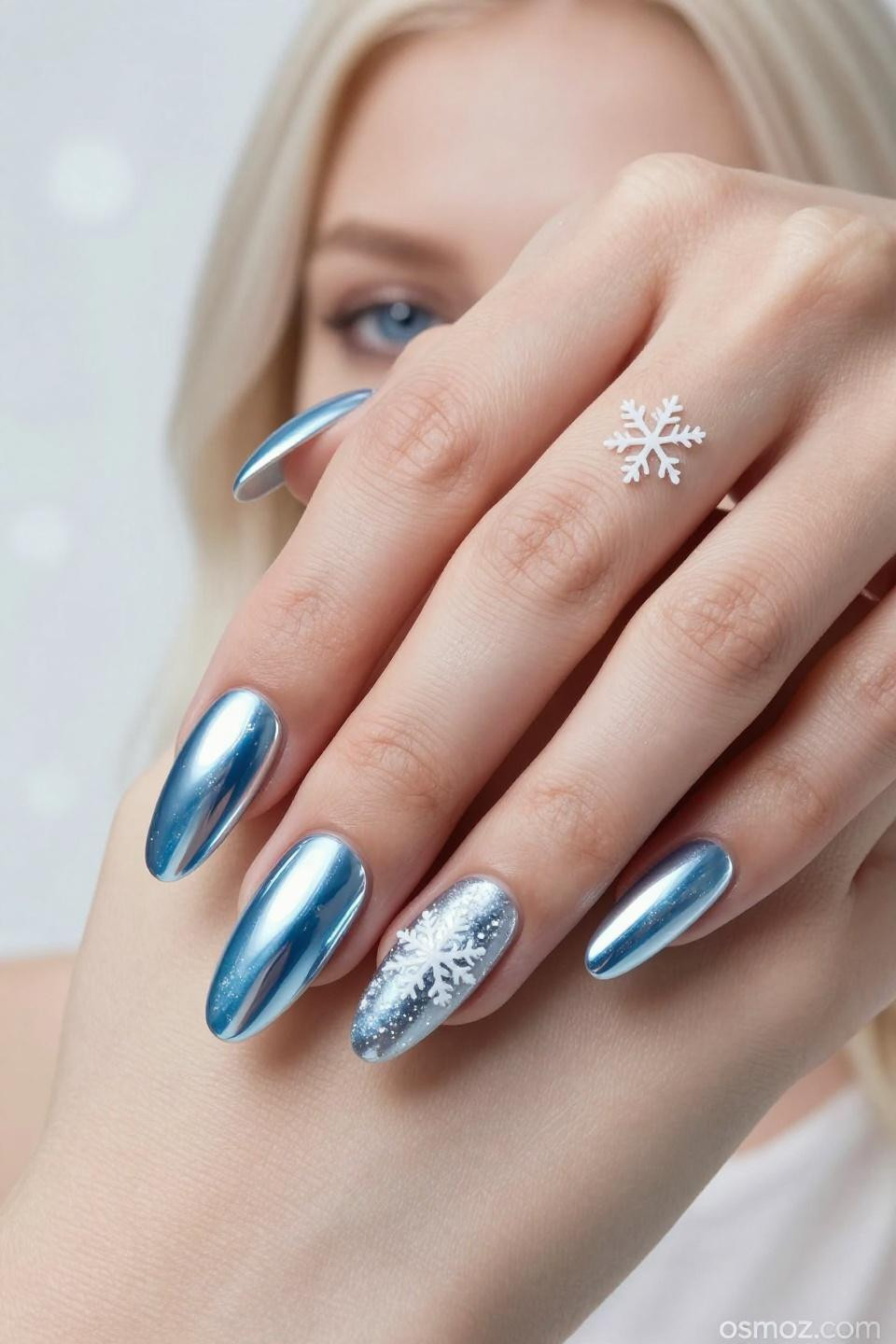 sky blue chrome nails with light reflective finish