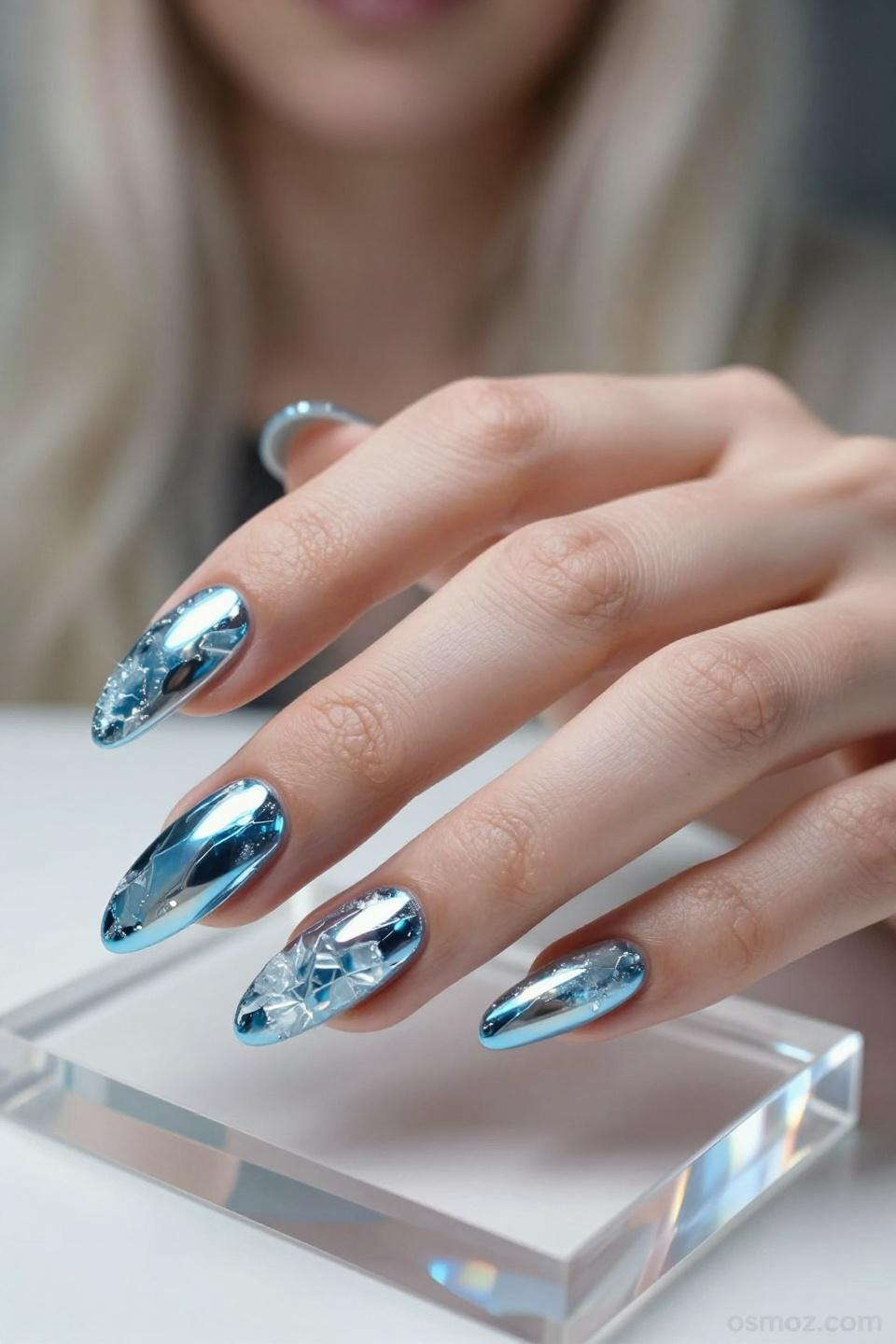 icy blue chrome nails with frozen mirror finish