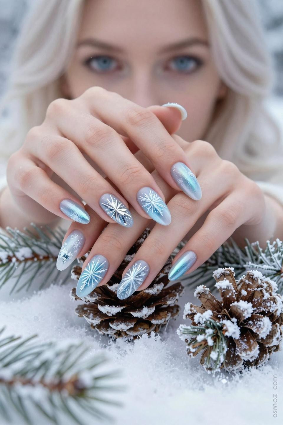 Winter Wonderland Nail Designs featuring enchanting frost scenery with detailed winter artistry