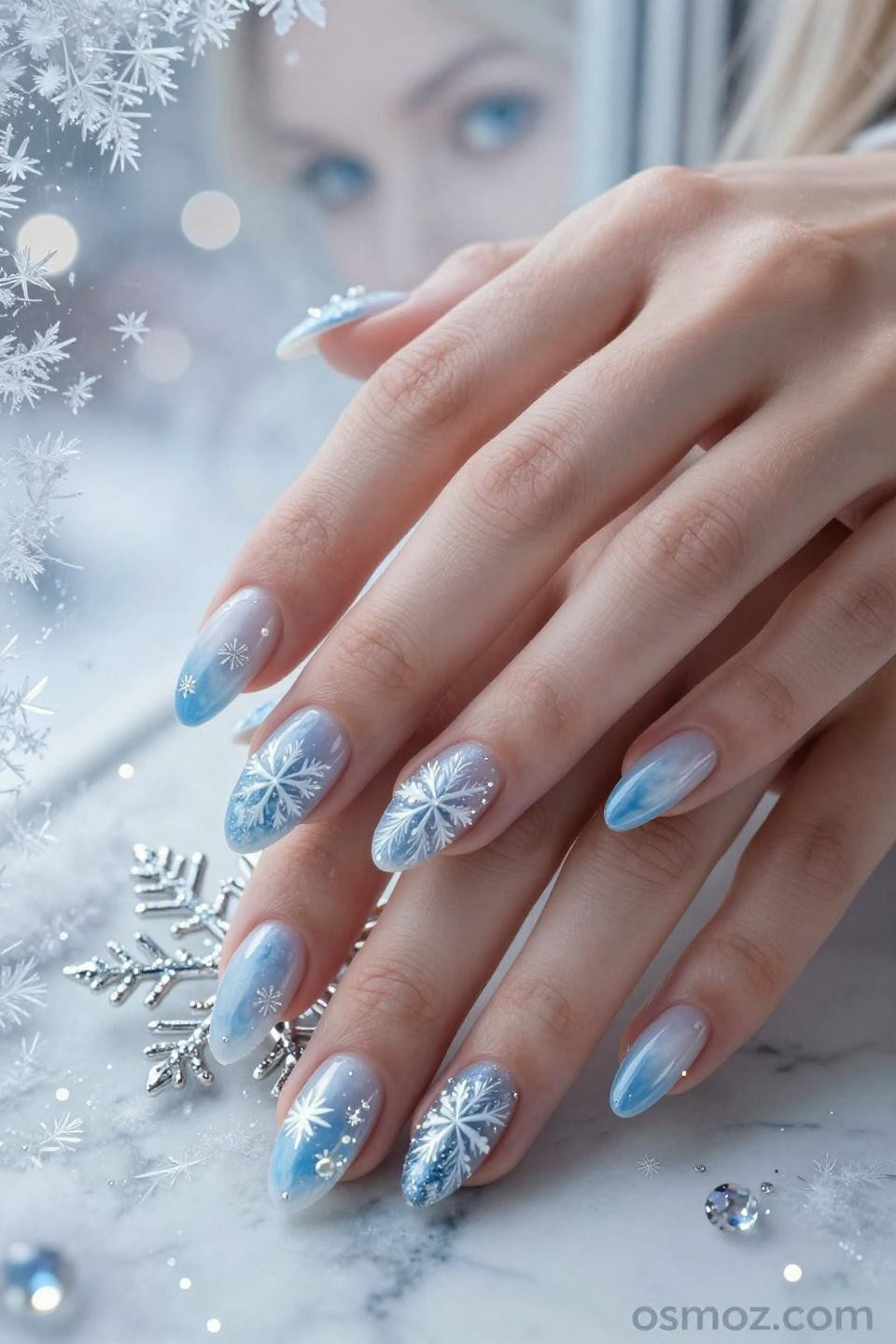 Icicle Nails featuring dramatic chrome finish with frozen crystal effect and dimensional sparkle