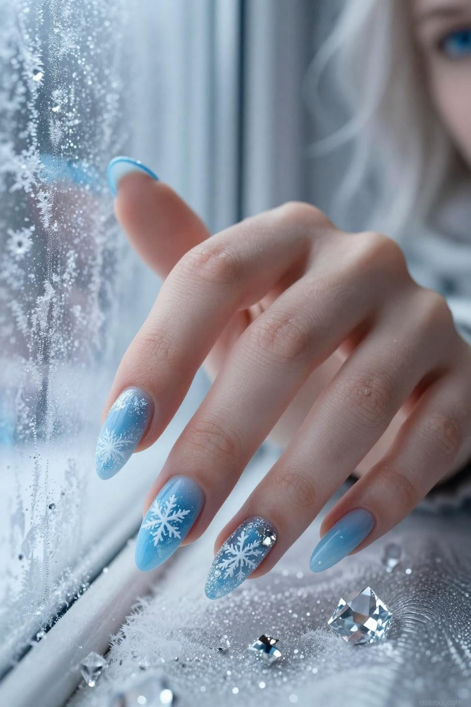 Blue Christmas Nails Winter Snowflake Designs with intricate hand-painted snowflakes on glacial blue gel base