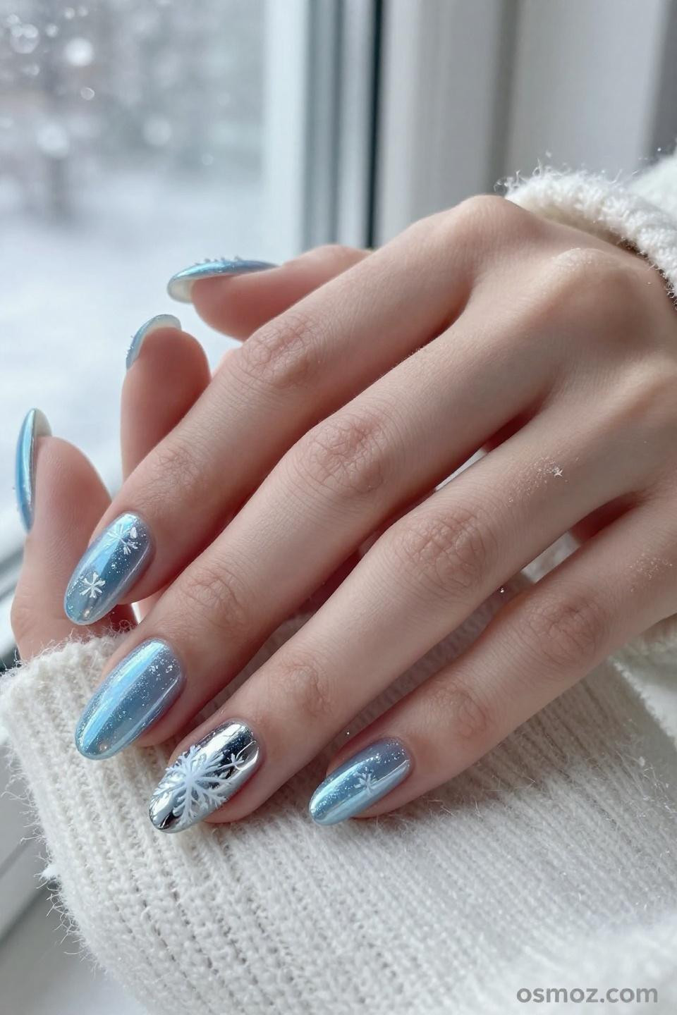 Winter Wonderland Nail Designs featuring delicate ice blossom patterns with floral elements