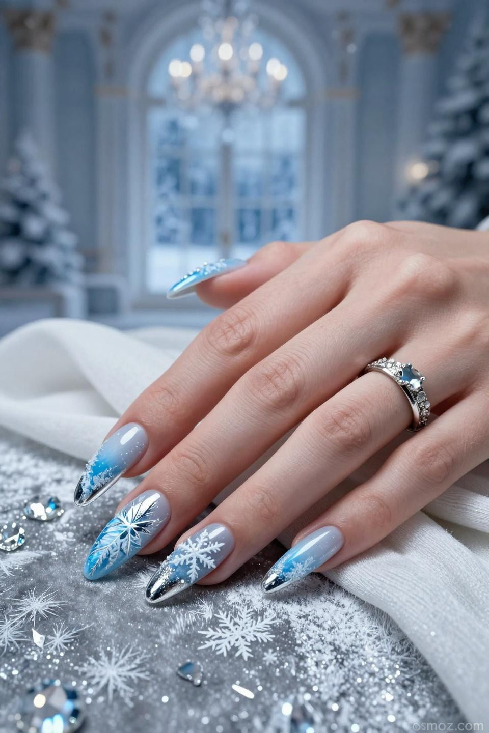Frosty Nail Designs showcasing delicate icy elegance with subtle frost patterns and shimmer