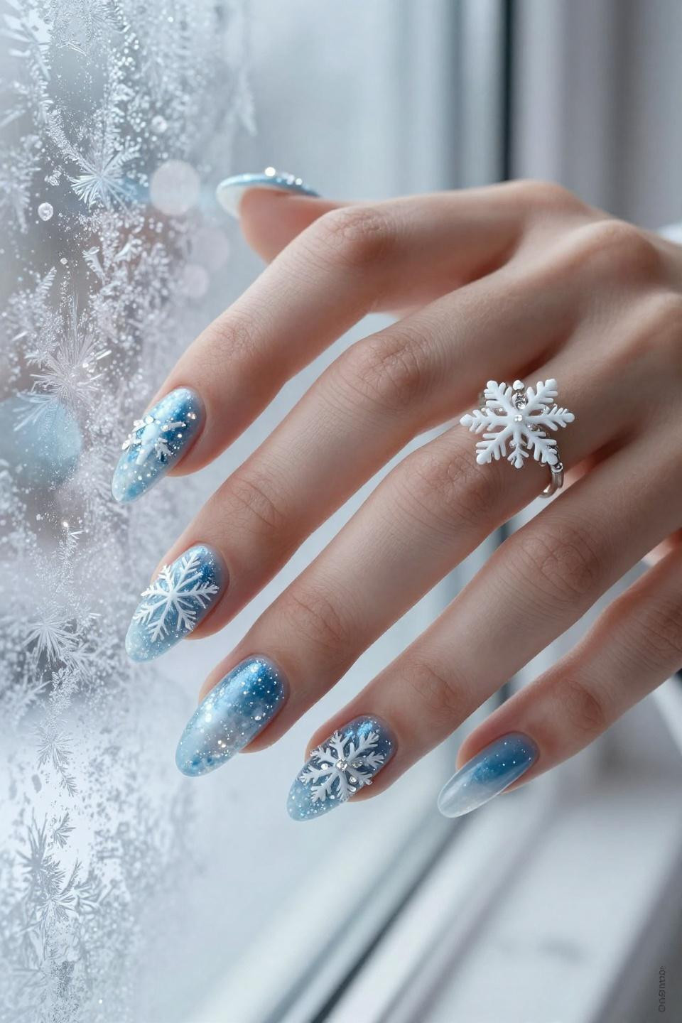 Blue Winter Nail Ideas featuring architectural ice crystal designs with geometric precision