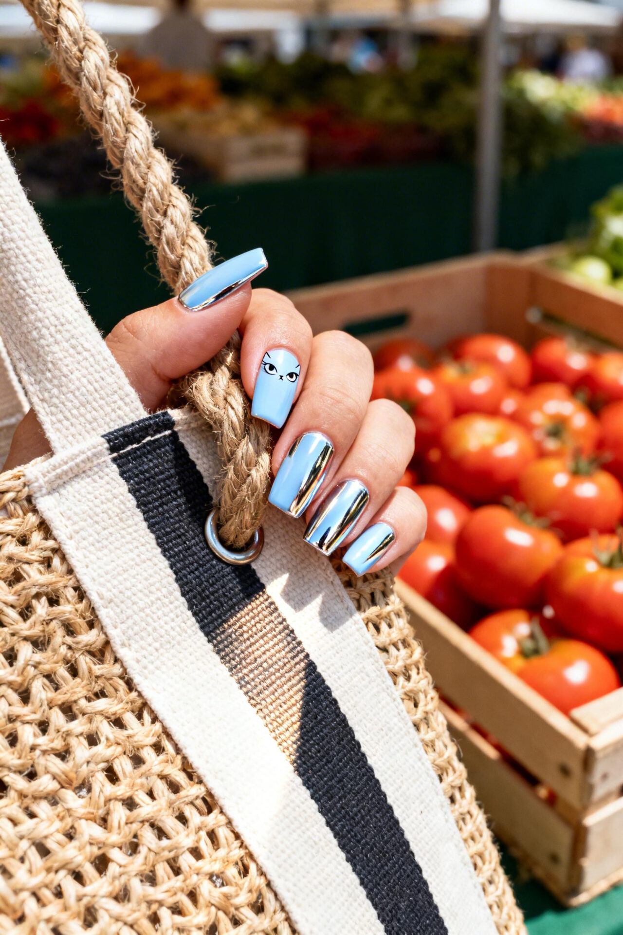 Light Blue Cat Eye Nails - chrome coffin
